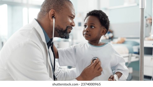 Doctor, African kid and stethoscope for breathing, check or smile for recovery from surgery, treatment or health. Child patient, medic or tools for medical exam, inspection or talk for rehabilitation - Powered by Shutterstock