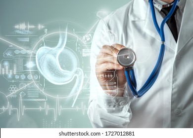 Doctor against the background of a hologram of the stomach, endoscopy procedure. Digestive tract and stomach disease concept. Mixed medium, copy space - Shutterstock ID 1727012881