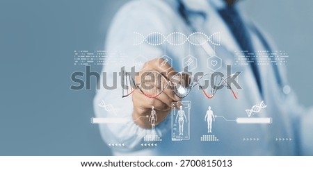 Doctor analyzing DNA structure using AI and digital hologram interface, representing biotechnology innovation, genetic research, precision medicine, futuristic healthcare technology in modern science.