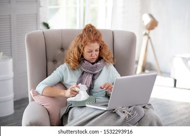 Doctor Appointment Online. Red-haired Woman Suffering From Sneezing Making Doctor Appointment Online