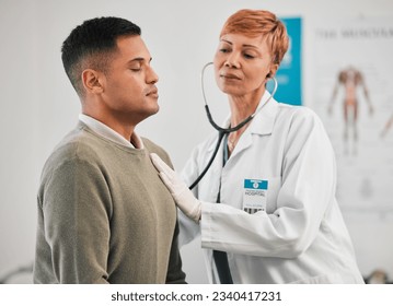 Doctor, asthma or woman with man breathing for healthcare, nursing or cardiology wellness services. Test tools, help or medical worker checking heart beat with listening equipment in hospital clinic