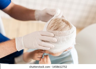 Doctor Bandaged A Boy Head With Trauma In His Head And Elastic Bandaged Around His Head