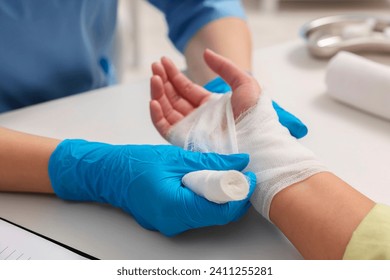 Doctor bandaging patient's burned hand indoors, closeup - Powered by Shutterstock