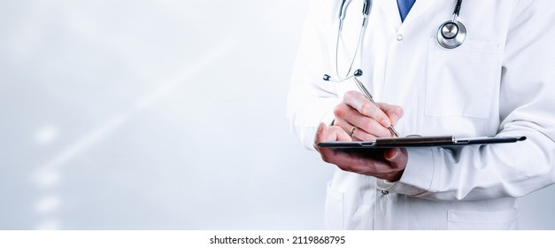 Doctor banner. Happy nurse in blue gloves, clipboard hospital wearing scrubs, provide checkup, examine patient in clinic. Medical care, insurance, prescription, paper work or career banner - Shutterstock ID 2119868795