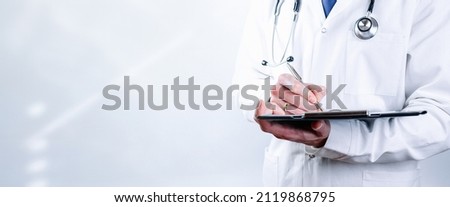Doctor banner. Happy nurse in blue gloves, clipboard hospital wearing scrubs, provide checkup, examine patient in clinic. Medical care, insurance, prescription, paper work or career banner