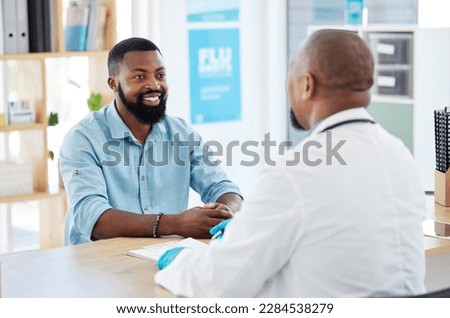 Doctor, black man and healthcare consultation with a wellness and hospital worker in a office. Consulting, patient and happy male with a smile from health communication and expert advice in a clinic