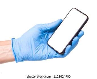 Doctor In Blue Glove Is Holding  Touchscreen Phone In His Hands. Isolated On White Background