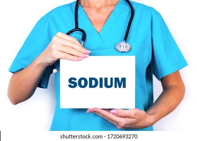 A doctor in a blue medical uniform is holding a tablet with the text SODIUM. Medical concept. - Shutterstock ID 1720693270