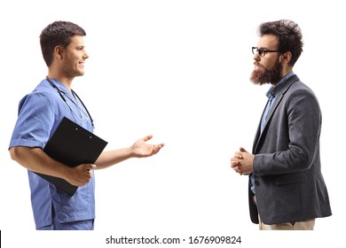 Doctor In A Blue Uniform Talking To A Bearded Man Isolated On White Background