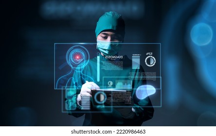 Doctor brain neurologist specialist surgeon using computer tablet pad display screen technology artificial intelligence assistance AI, operation simulation augmented reality medical healthcare tech