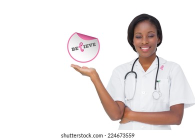 Doctor with breast cancer awareness message for awareness month - Powered by Shutterstock