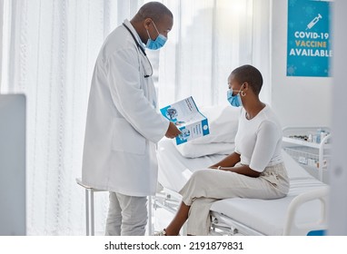 Doctor, Brochure And Medical Patient Consulting About Covid While Learning, Gp About Healthcare On Hospital Bed. Masks, Support And Woman Communication On Stay Safety From Virus, Disease Or Sickness