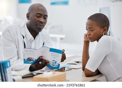 Doctor, brochure and medical patient consulting about health while learning about healthcare at office desk. Man, GP and support communication for woman on safety from virus, disease or sickness. - Powered by Shutterstock