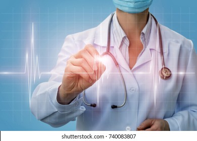 Doctor Cardiologist Diagnose Diagram Heart On A Blue Background.