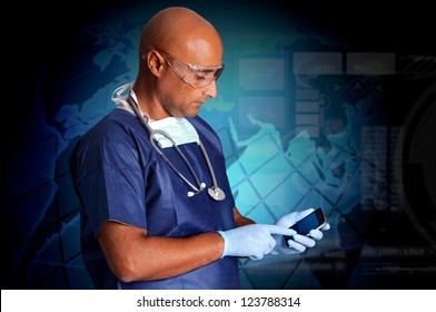 Doctor With Cellphone In A Dark Background