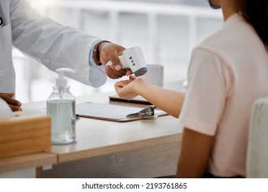 Doctor Check Covid Fever With Laser Thermometer Of Sick Patient To Test For Risk Of Disease Or Flu In Clinic Surgery. Closeup On Hands Consulting For Healthcare And Virus Safety In Medical Hospital