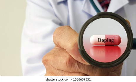 Doctor check for doping drugs test. Doping is using of banned athletic performance enhancing drug by athlete in competitive sport. Medical test in sport medicine concept.
