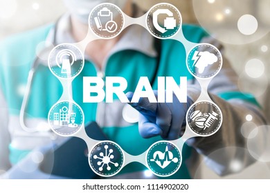 Doctor checking brain testing result with computer interface. Innovative technology in science and medicine concept. Modern Brain Study Laboratory. Neurological Research Clinical Center.
