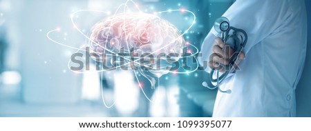 Doctor checking brain testing result with computer interface, Abstract. Innovative technology in science and medicine concept
