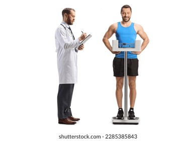 Doctor checking weight of a male athlete isolated on white background - Powered by Shutterstock