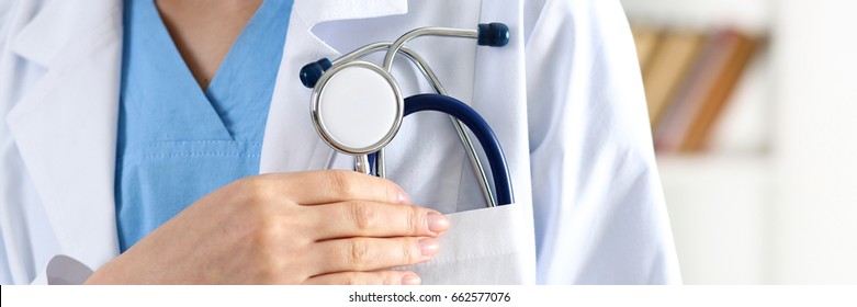 Doctor Chest With Stethoscope In Pocket Closeup. Physical And Disease Prevention, Patient Exam, 911, Ward Round, Prescribe Remedy, Pulse Measure, Healthy Lifestyle, Veterinarian Education Concept