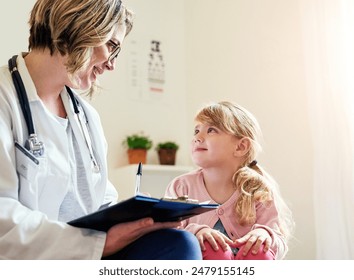 Doctor, child and clinic consultation with clipboard, healthcare checkup and girl with medical professional. Woman, sickness diagnosis and wellness result, pediatrician and treatment or patient chart - Powered by Shutterstock