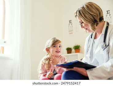 Doctor, child and consultation office with clipboard, healthcare checkup and girl with medical professional. Woman, sickness diagnosis and wellness result, pediatrician and treatment or patient chart - Powered by Shutterstock