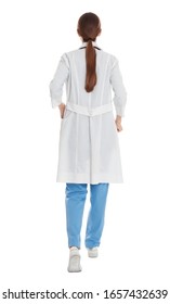 Doctor In Clean Uniform Walking On White Background