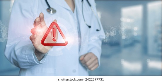 Doctor clicks on error icon on blurred background.