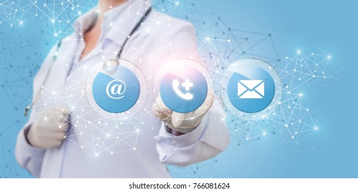 Doctor clicks on the icon call the ambulance on a blue background.