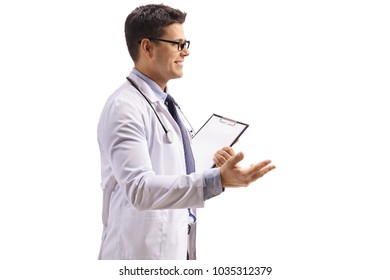 Doctor With A Clipboard Talking Isolated On White Background