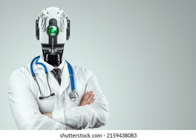 Doctor in a coat with a robot head and a stethoscope, robotic doctor is the future of medicine. Artificial intelligence Modern technologies of neural networks. mixed media - Powered by Shutterstock