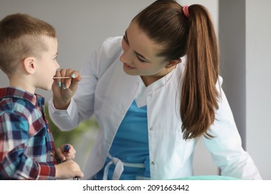 Doctor Collects Biological Material From Boy Saliva, Coronavirus Swab Test For Kids