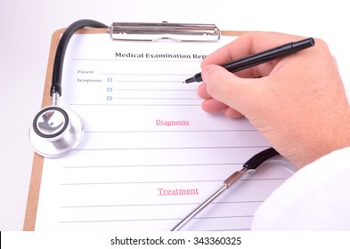 Doctor Completing A Medical Certificate For An Ill Patient With A Black Pen