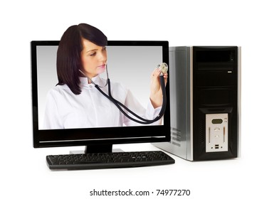 Doctor From Computer Screen - Healthcare Or Computer Security Concept