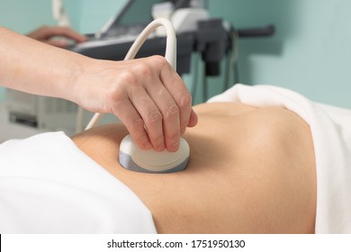Doctor conducting ultrasound examination of woman in clinic