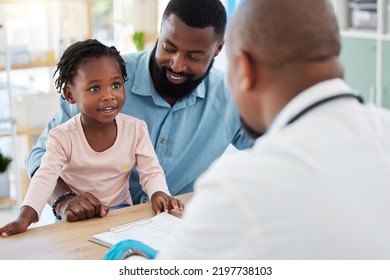 Doctor Consulting With Black Family, Baby And Father In Doctors Office In Hospital. Medicine Wellness, Healthy Child Development And Consultation In Nurse, Healthcare And Medical Clinic With Smile