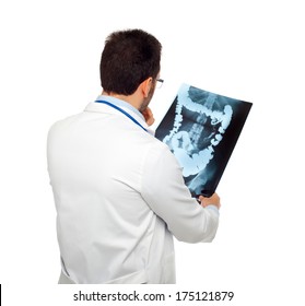 Doctor Consulting A Bowel Radiography Isolated On White