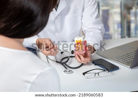 Doctor consulting a female patient about dental diseases in the office.