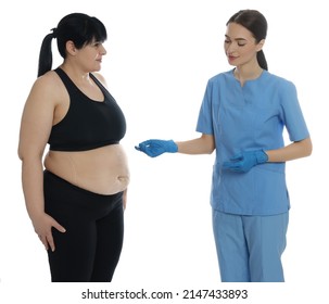 Doctor Consulting Obese Woman On White Background. Weight Loss Surgery