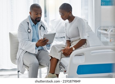 Doctor consulting patient with digital tablet, discussing diagnosis and medical checkup in hospital. Healthcare worker and trusted physician in appointment with medicine advice, wellness and - Shutterstock ID 2191879849
