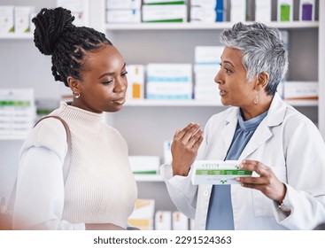 Doctor, consulting and patient for healthcare medication, prescription or diagnosis for cure, illness or pain at pharmacy. Woman medical pharmacist talking to customer about pills or drugs at clinic - Powered by Shutterstock