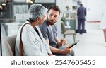 Doctor, consulting and tablet with old woman in hospital for talking, meeting and healthcare results. Support, advice and digital report with people for medical exam, life insurance and patient