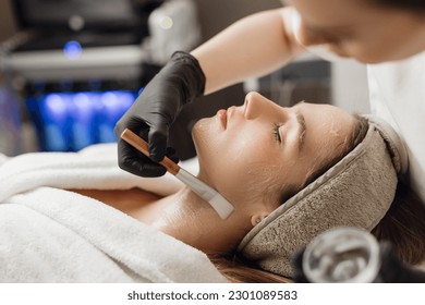 Doctor cosmetologist making face mask with brush in cosmetology clinic. Relaxed young woman getting professional facial treatment in spa salon - Powered by Shutterstock