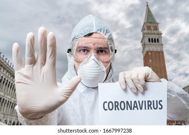 Doctor In Coveralls Warns Of Coronavirus Infection In Venice In Italy.