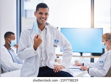 Doctor With Covid, Healthcare Worker And Medical Professional With Face Mask At End Of Pandemic In A Meeting At Hospital And In A Seminar Workshop. Portrait Of Happy Employee In Training At Clinic