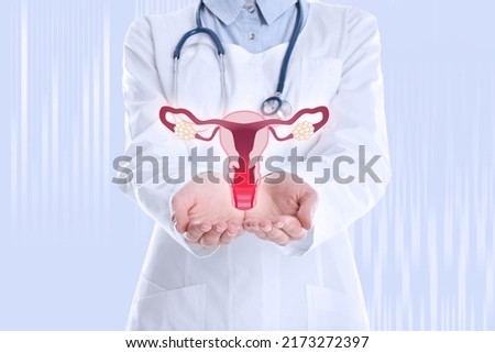 Doctor demonstrating virtual image of inflamed female reproductive system on light background, closeup. Vaginal candidiasis