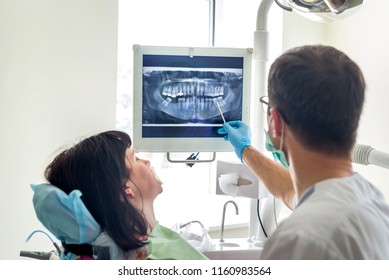 Doctor Dentist Pointing On Patient's X-ray On Monitor