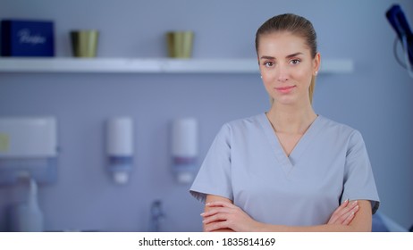Doctor Or Dentist Portrait In Hospital Or Clinic Young Blonde Caucasian Confident Attractive Woman Slow Motion Medical Aesthetic Medicine Concept