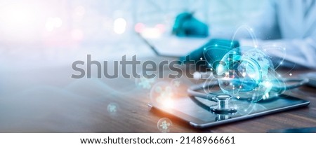 Doctor diagnose digital patient record on virtual medical network on Computing electronic medical record. Digital healthcare and network connection interface, Global health care. Medical technology. 